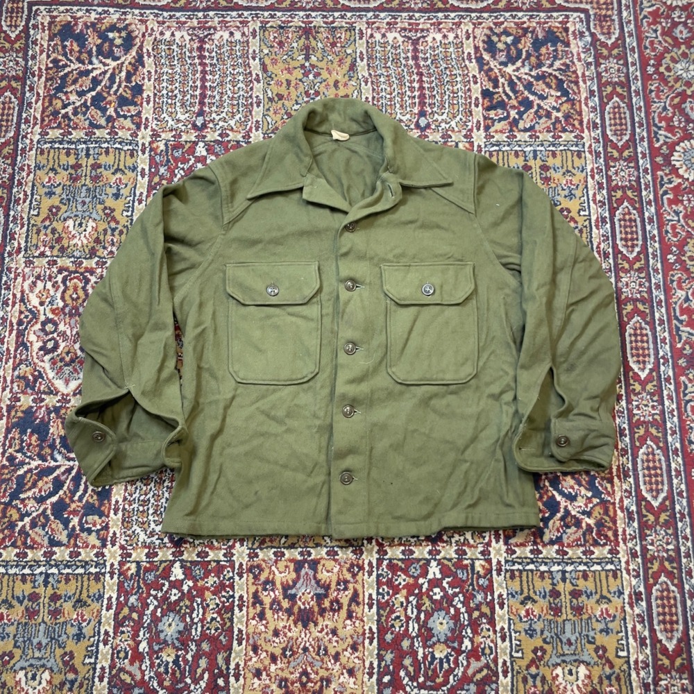 VTG 50s US Military Wool Field Shirt X Stitch Green Button Utility USA M OG-108